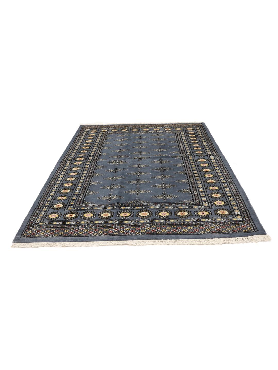 Handgeknoopt grijs Pakistan Bokhara tapijt met traditionele geometrische motieven