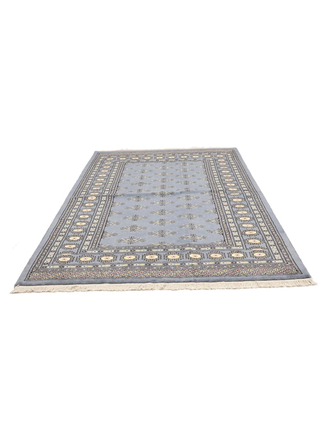 Handgeknoopt grijs Pakistan Bokhara tapijt met traditionele geometrische motieven