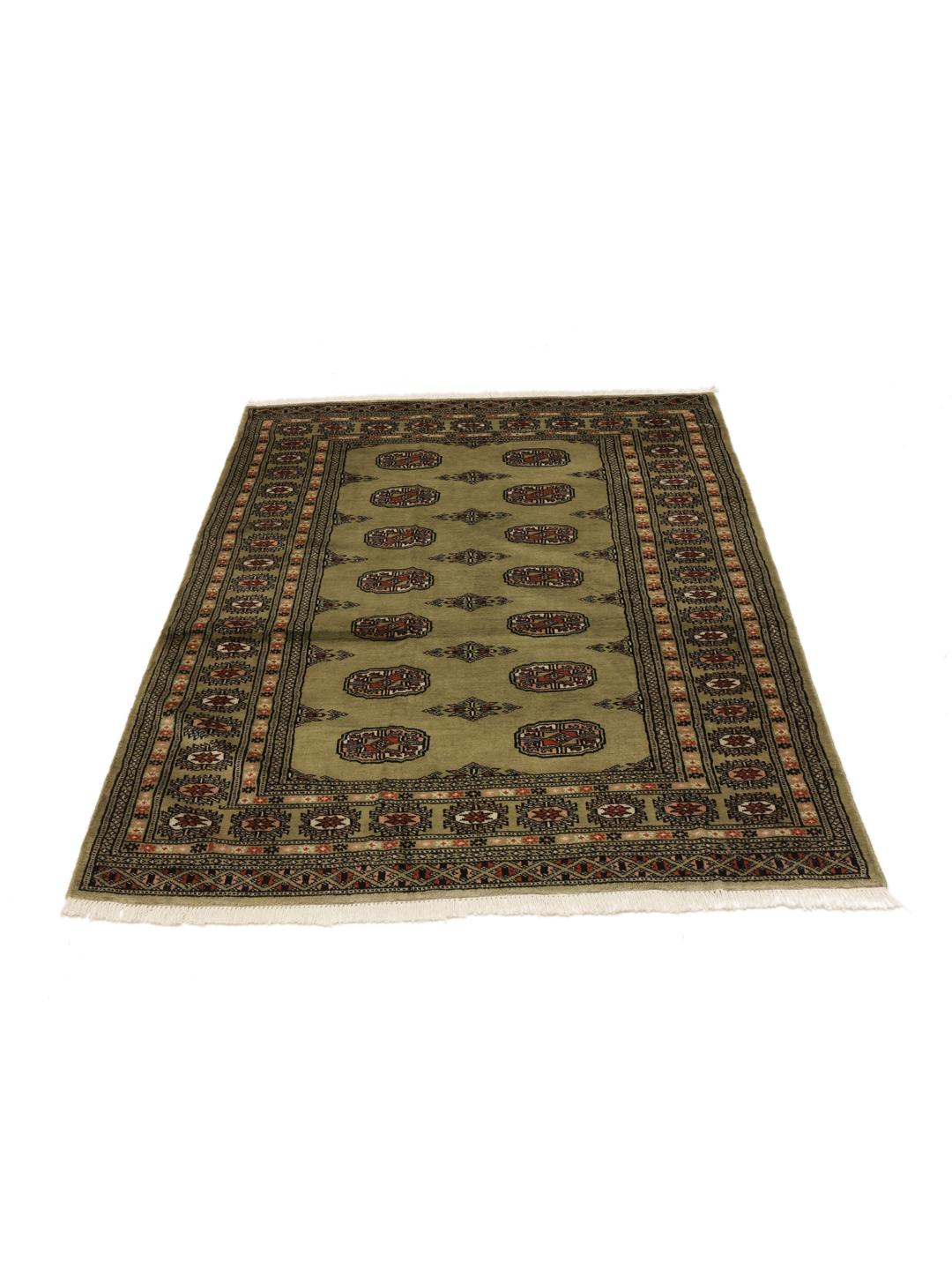 A hand-knotted Pakistan Bokhara rug with a green field and traditional motifs