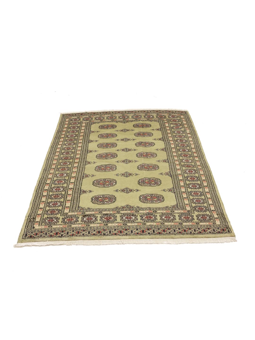 A hand-knotted Pakistan Bokhara rug with a green field and traditional motifs