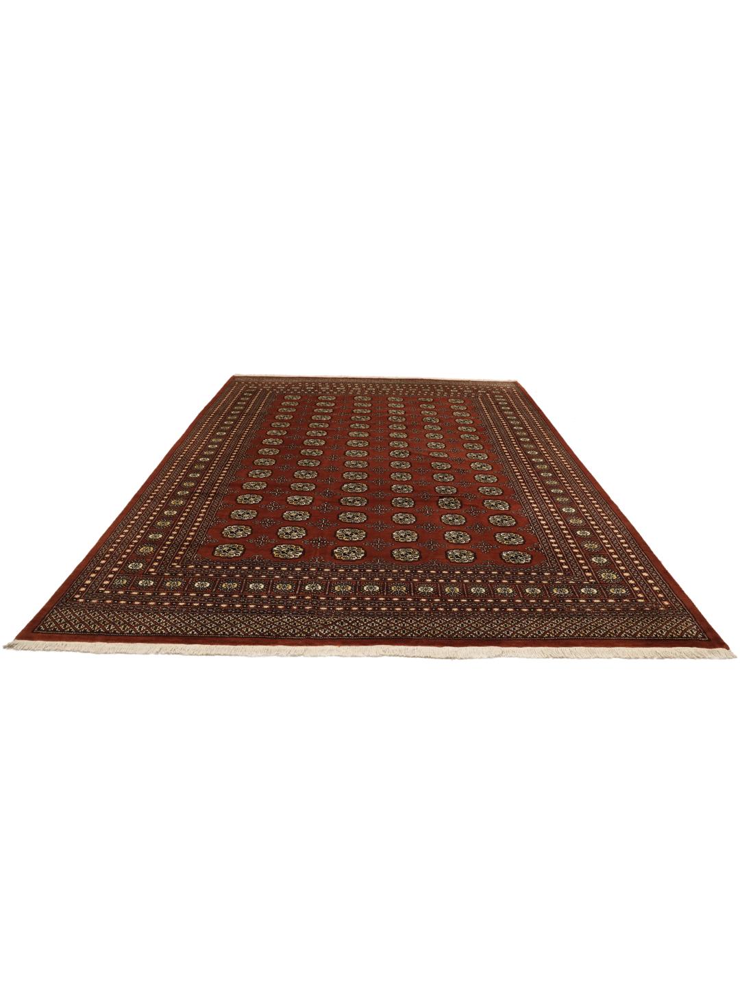 Hand-knotted Pakistani Bokhara rug in dark-red with traditional gul motifs