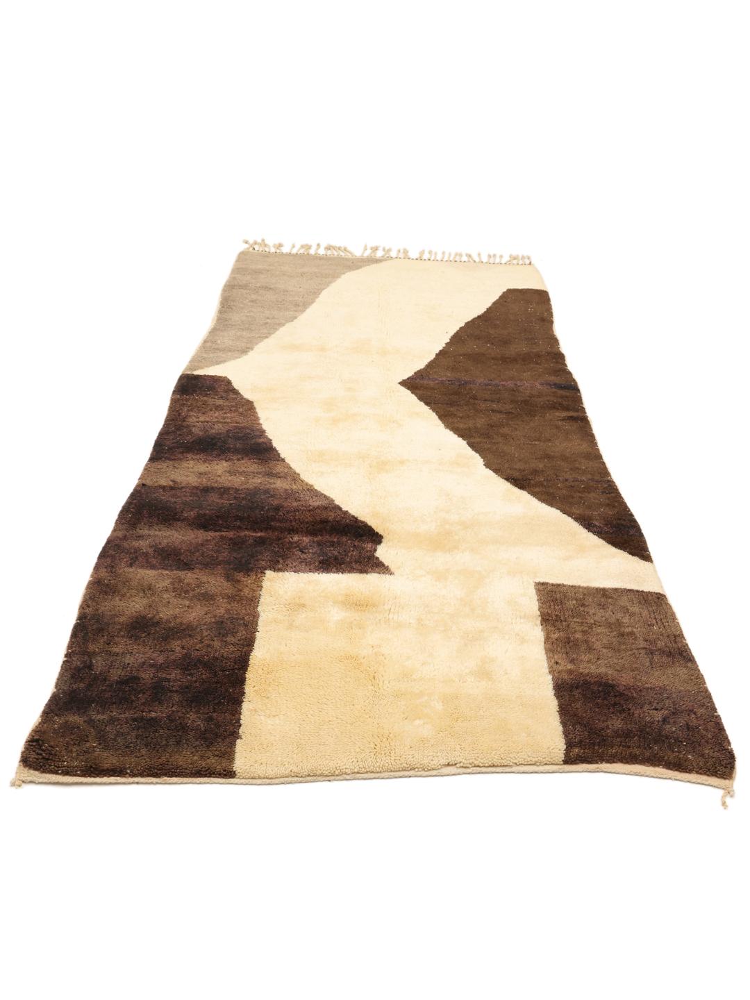 Handgeknoopt Marokkaans Berber Beni Ourain kleed met abstracte bruine en beige patronen