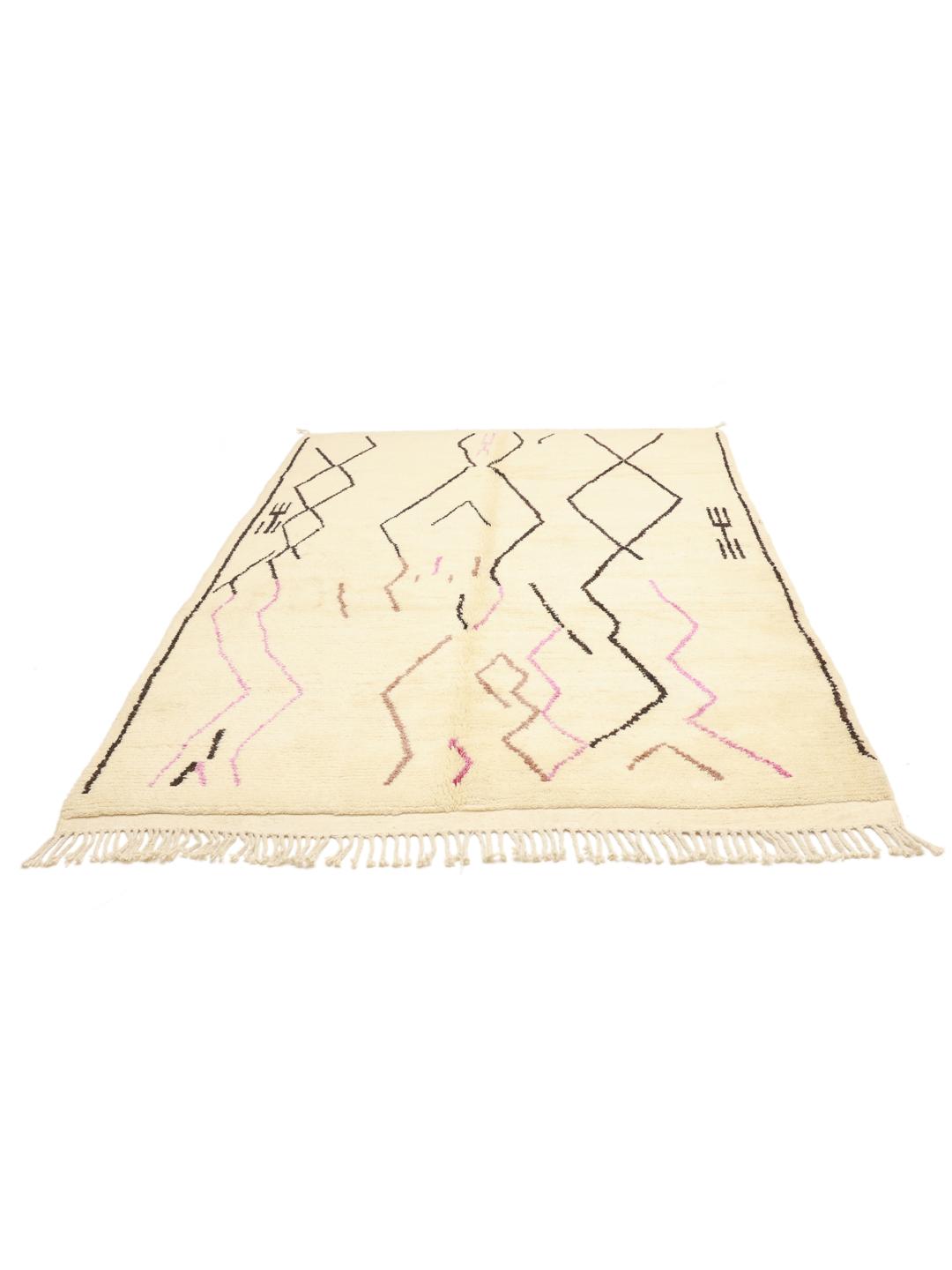 Håndknyttet Berber Marokkansk Beni Ourain-tæppe med geometriske motiver i creme, sort og pink