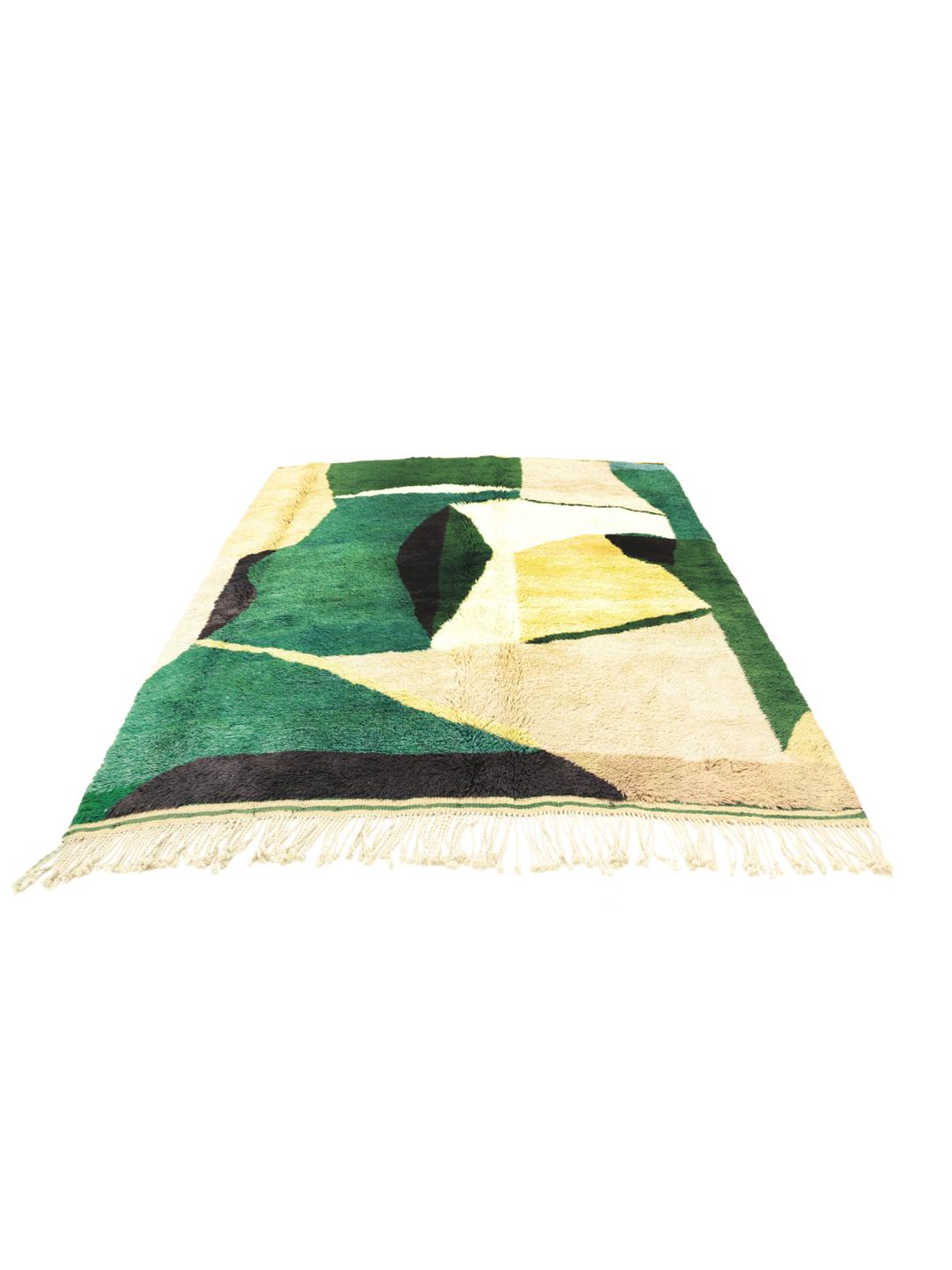 Met de hand geknoopt Marokkaans Berber Beni Ourain-tapijt met een abstract groen en beige patroon