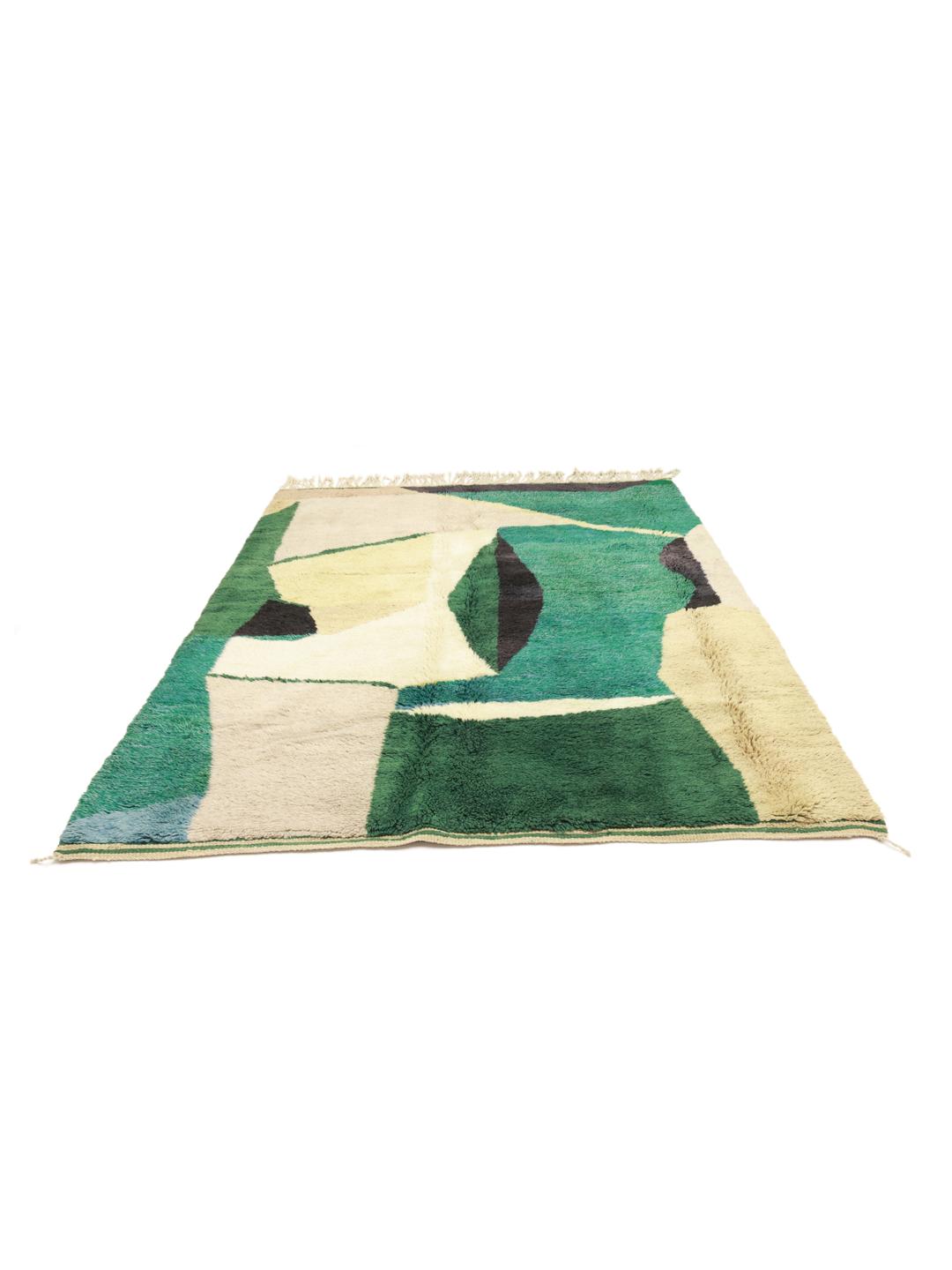 Met de hand geknoopt Marokkaans Berber Beni Ourain-tapijt met een abstract groen en beige patroon