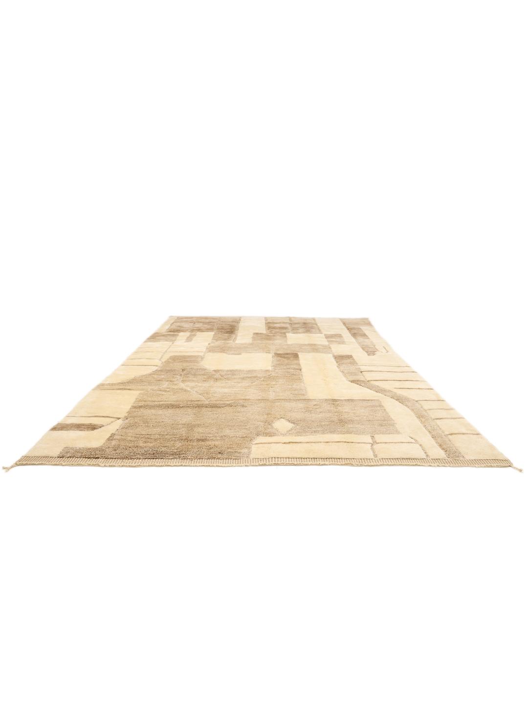 Handgeknoopt Marokkaans Berber-tapijt met artistieke geometrische patronen in beige en bruine wol