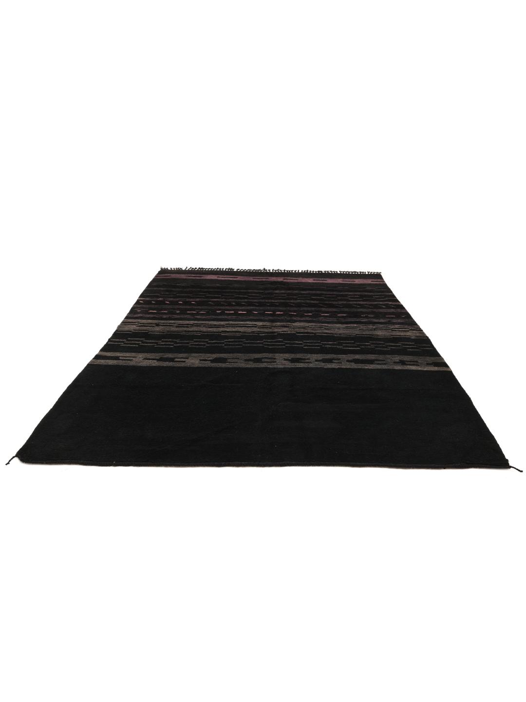 Hand-knotted black Berber Moroccan rug from Morocco featuring subtle horizontal accents.
