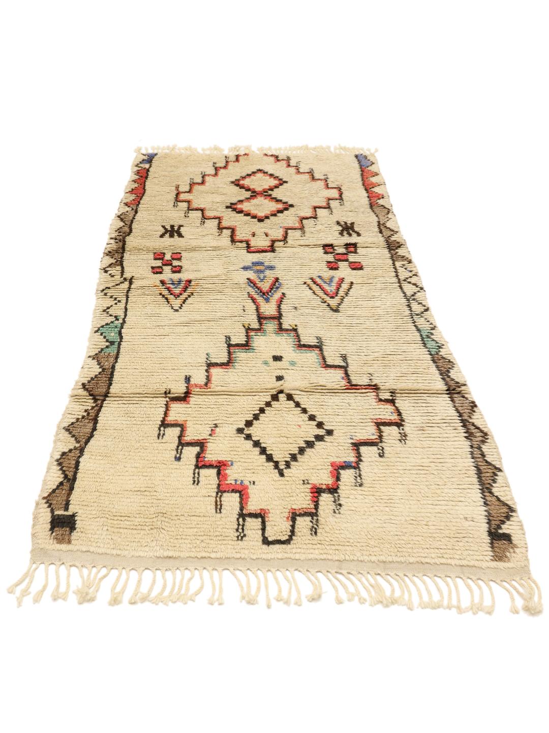 Handgeknoopt Berber Marokkaans tapijt in beige met kleurrijke geometrische symbolen
