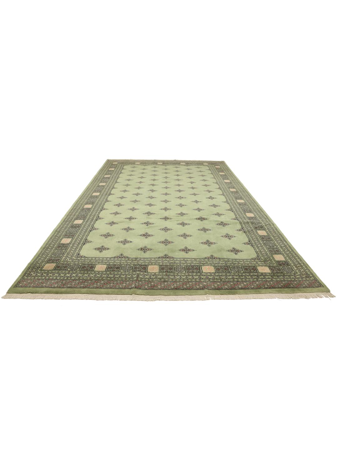 Hand-knotted Bokhara rug from Pakistan with a soft green field