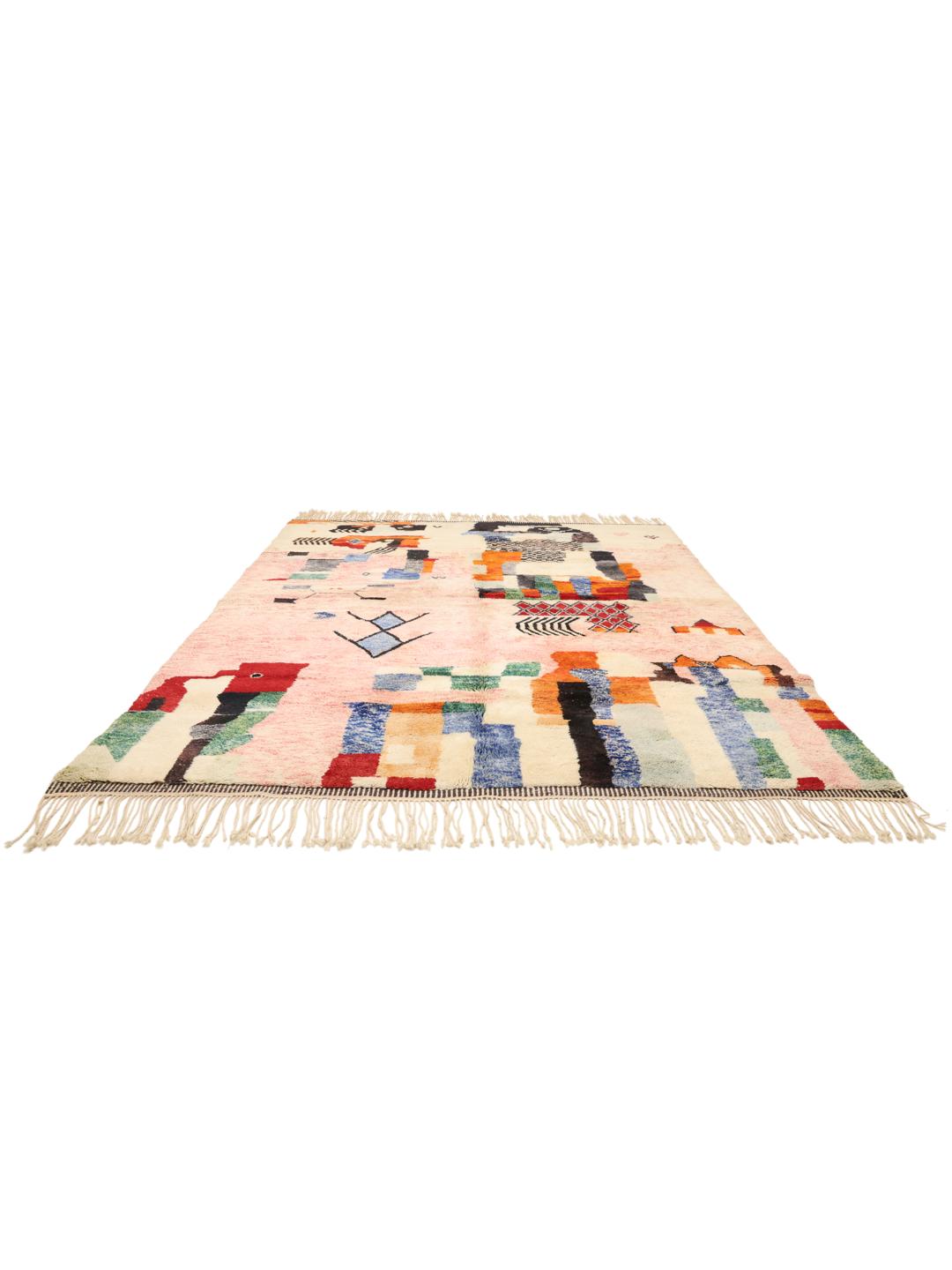 Handgeknoopt Berber Marokkaans tapijt met kleurrijke abstracte tribale motieven op een crèmekleurige basis