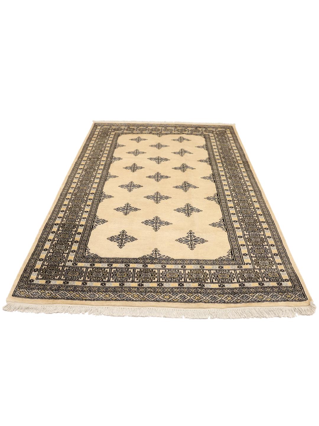 Hand-knotted Pakistani rug with beige field and geometric patterns