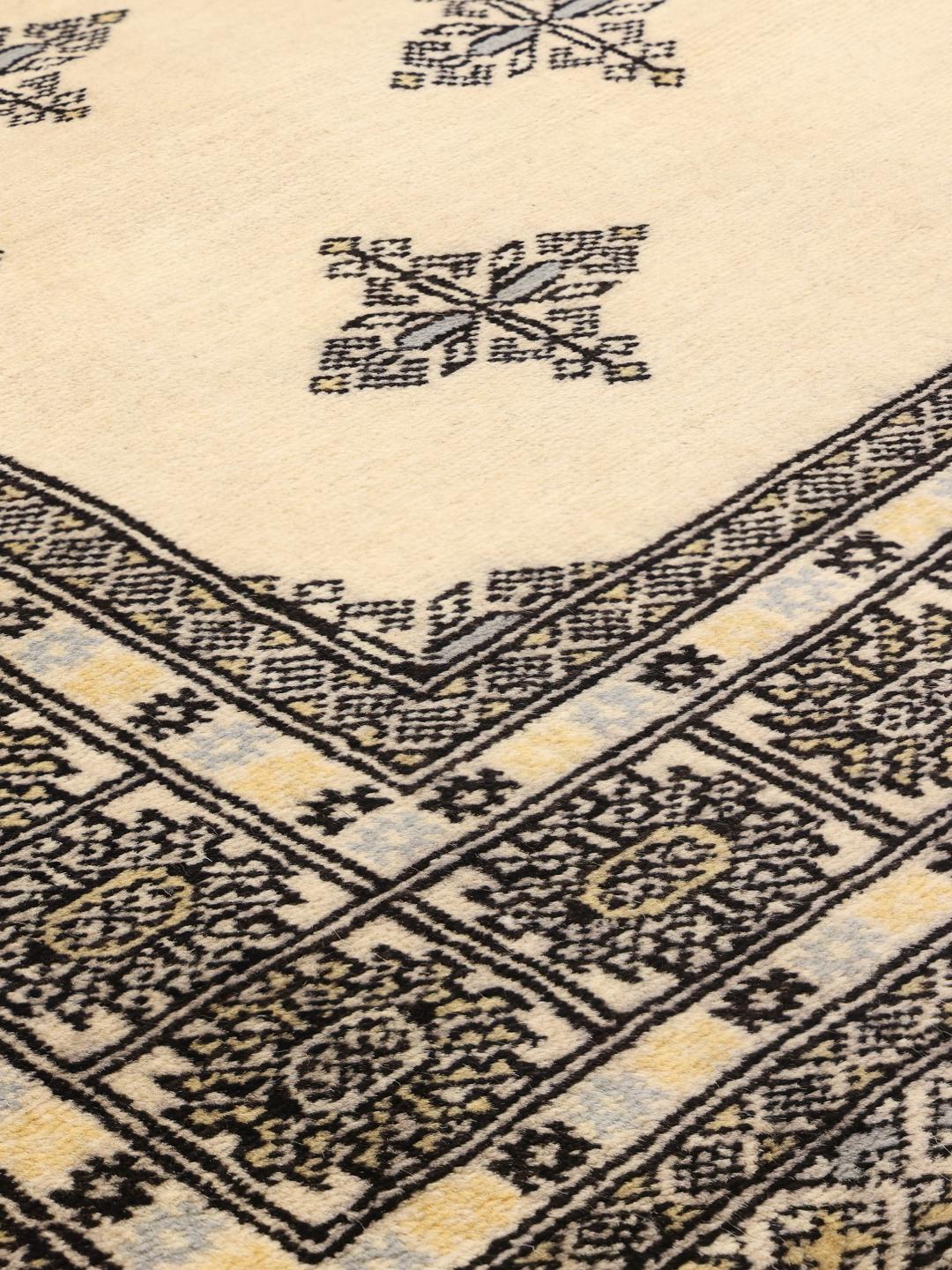 Hand-knotted Pakistani rug with beige field and geometric patterns