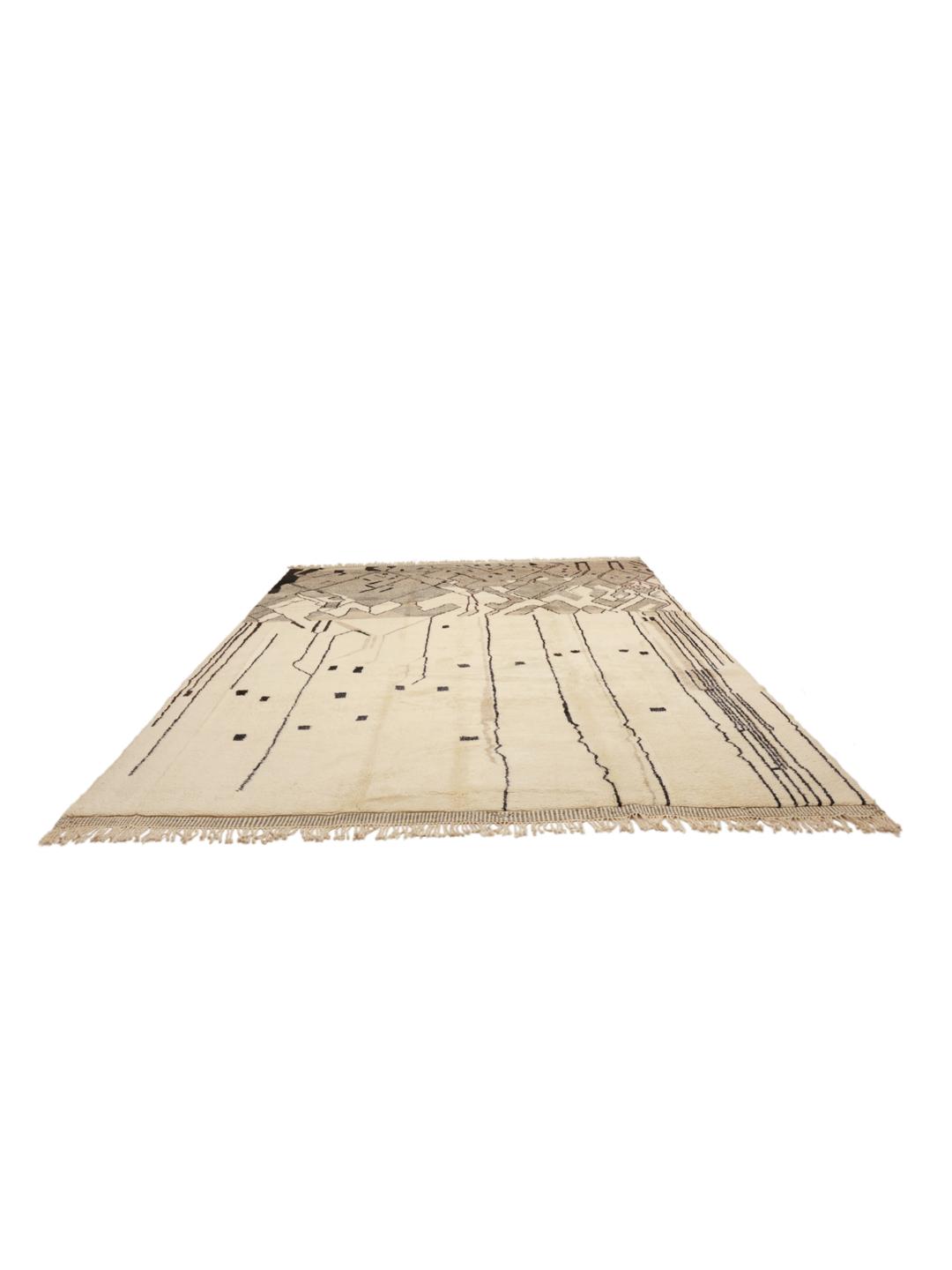 Met de hand geknoopt Berber Beni Ourain kleed uit Marokko met geometrische patronen in beige en donkergrijs