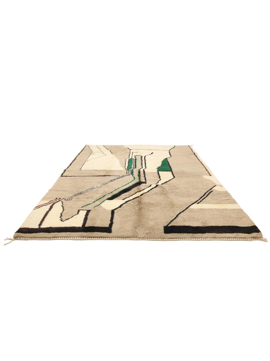 Handgeknoopt Berber Marokkaans tapijt met een abstract ontwerp in beige en groen