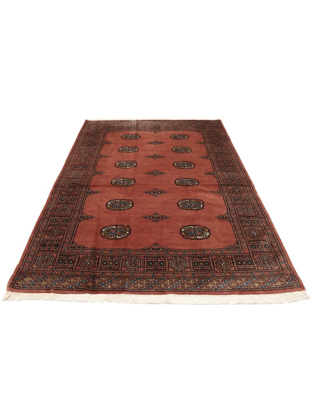 Hand-knotted dark-red Bokhara rug from Pakistan with traditional motifs