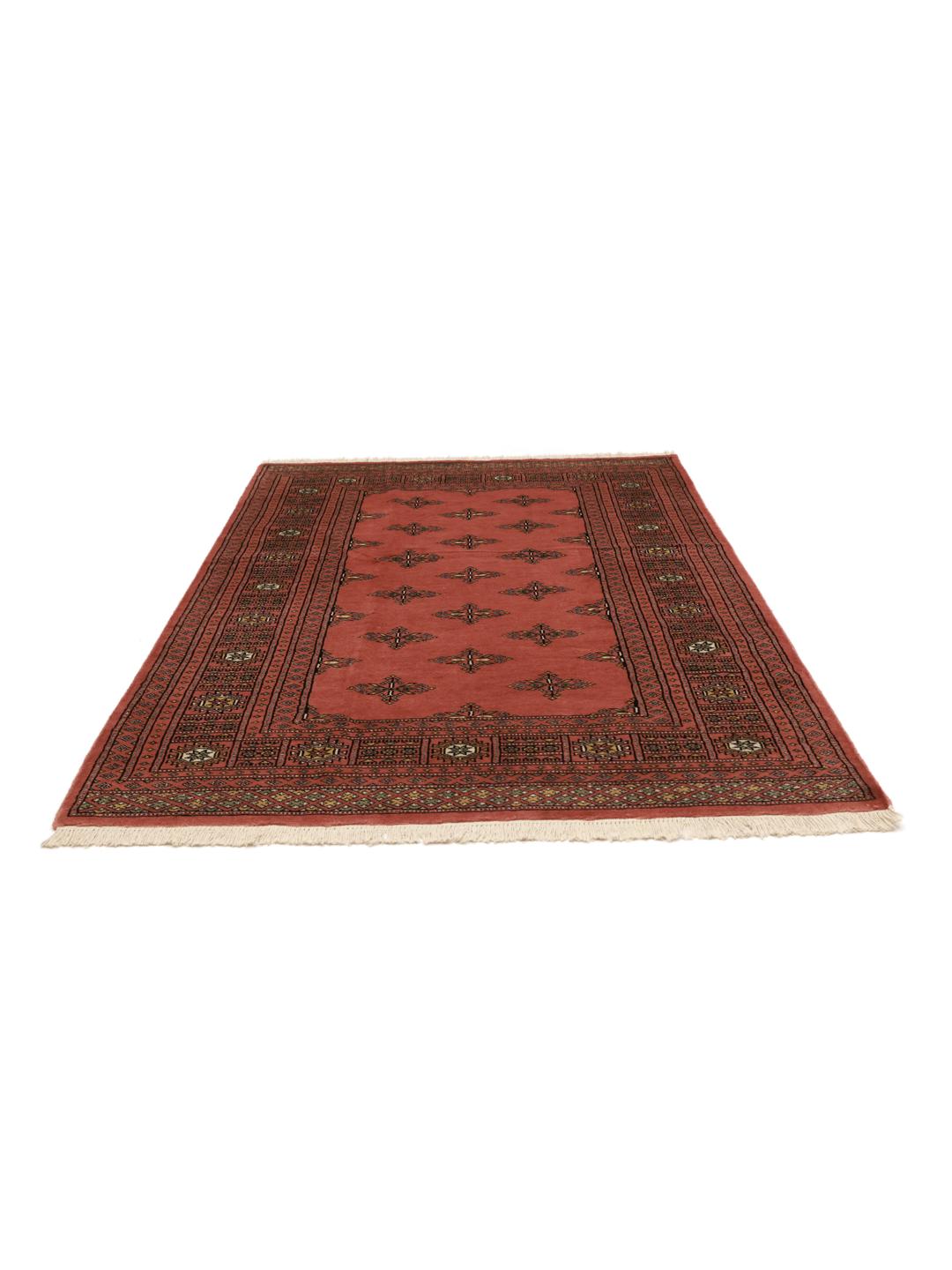 Hand-knotted Pakistani Bokhara rug in dark-red with geometric medallions