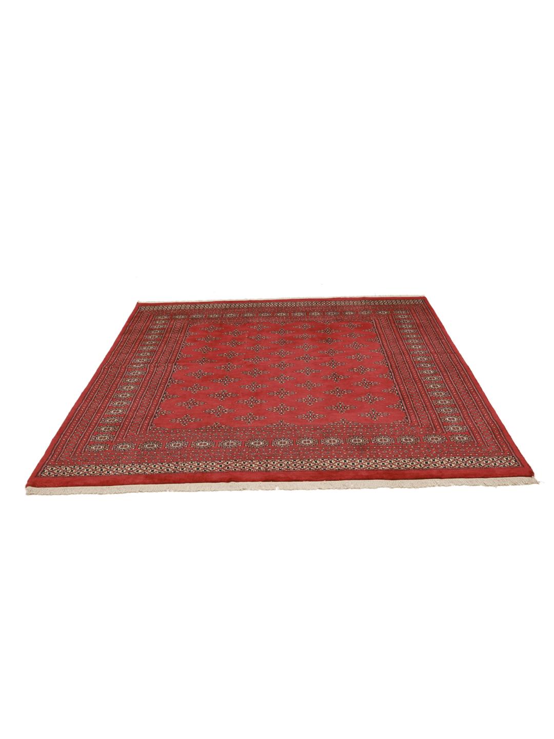 Vierkant handgemaakt Pakistan Bokhara 2ply kleed in dieprood met geometrische motieven