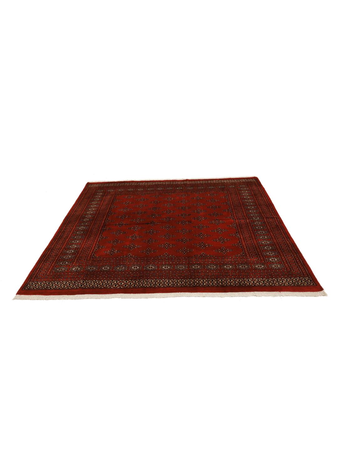 Vierkant handgemaakt Pakistan Bokhara 2ply kleed in dieprood met geometrische motieven