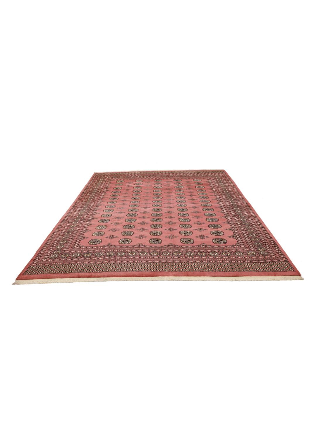 Hand-knotted Pakistan rug with red field and traditional gul motifs