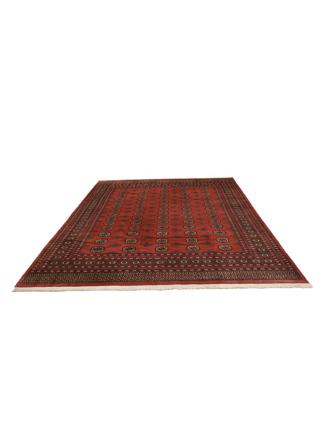 Hand-knotted Pakistan rug with red field and traditional gul motifs