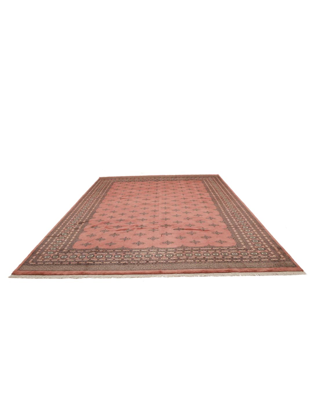 A hand-knotted Pakistani Bokhara rug with a warm red field and geometric motifs