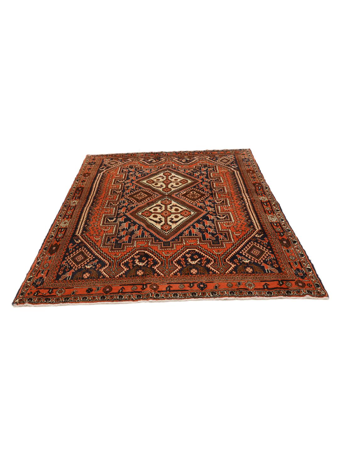 Hand-knotted Afshar rug with red and dark-blue tribal geometric patterns from the Middle East