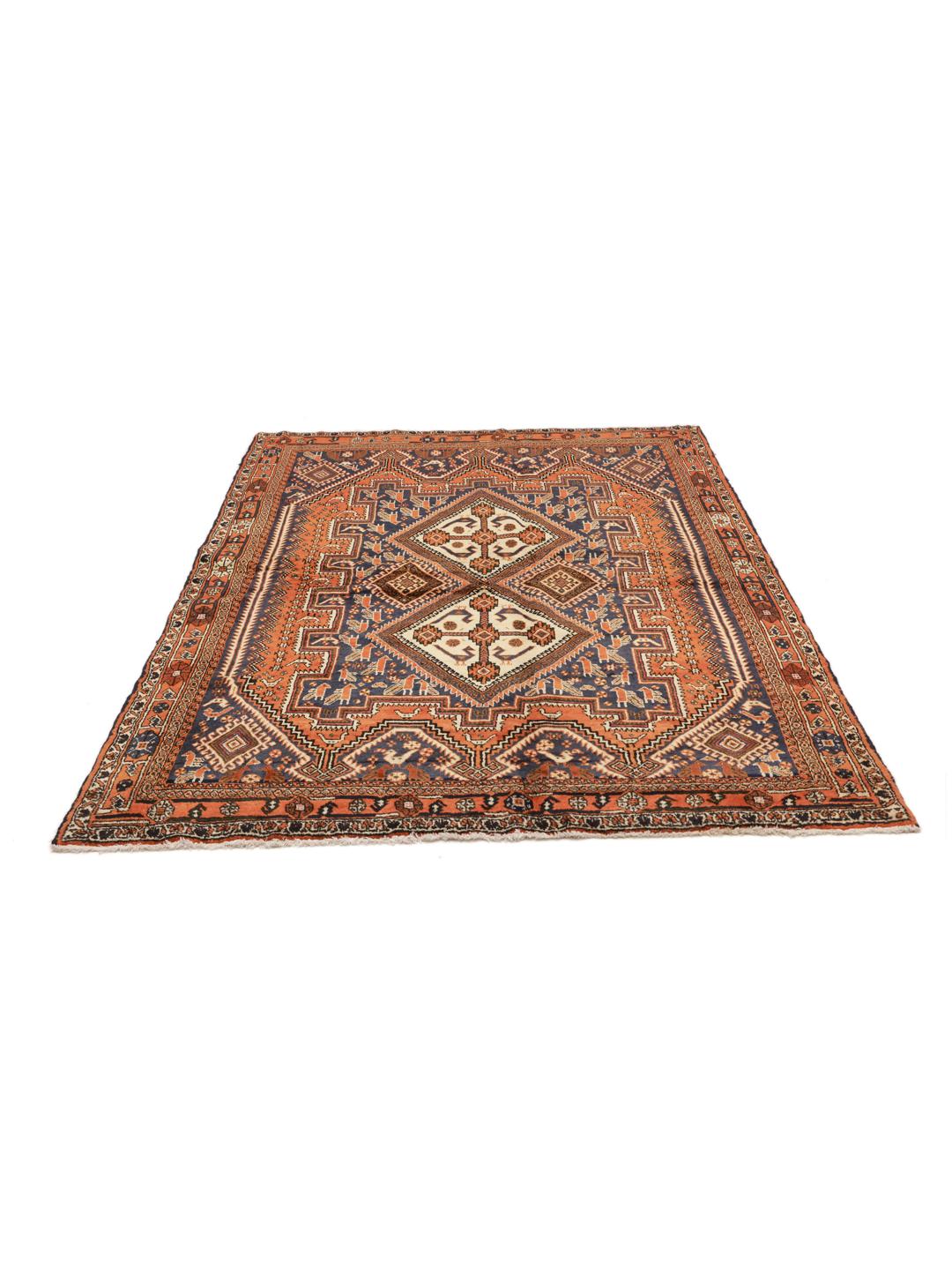 Hand-knotted Afshar rug with red and dark-blue tribal geometric patterns from the Middle East