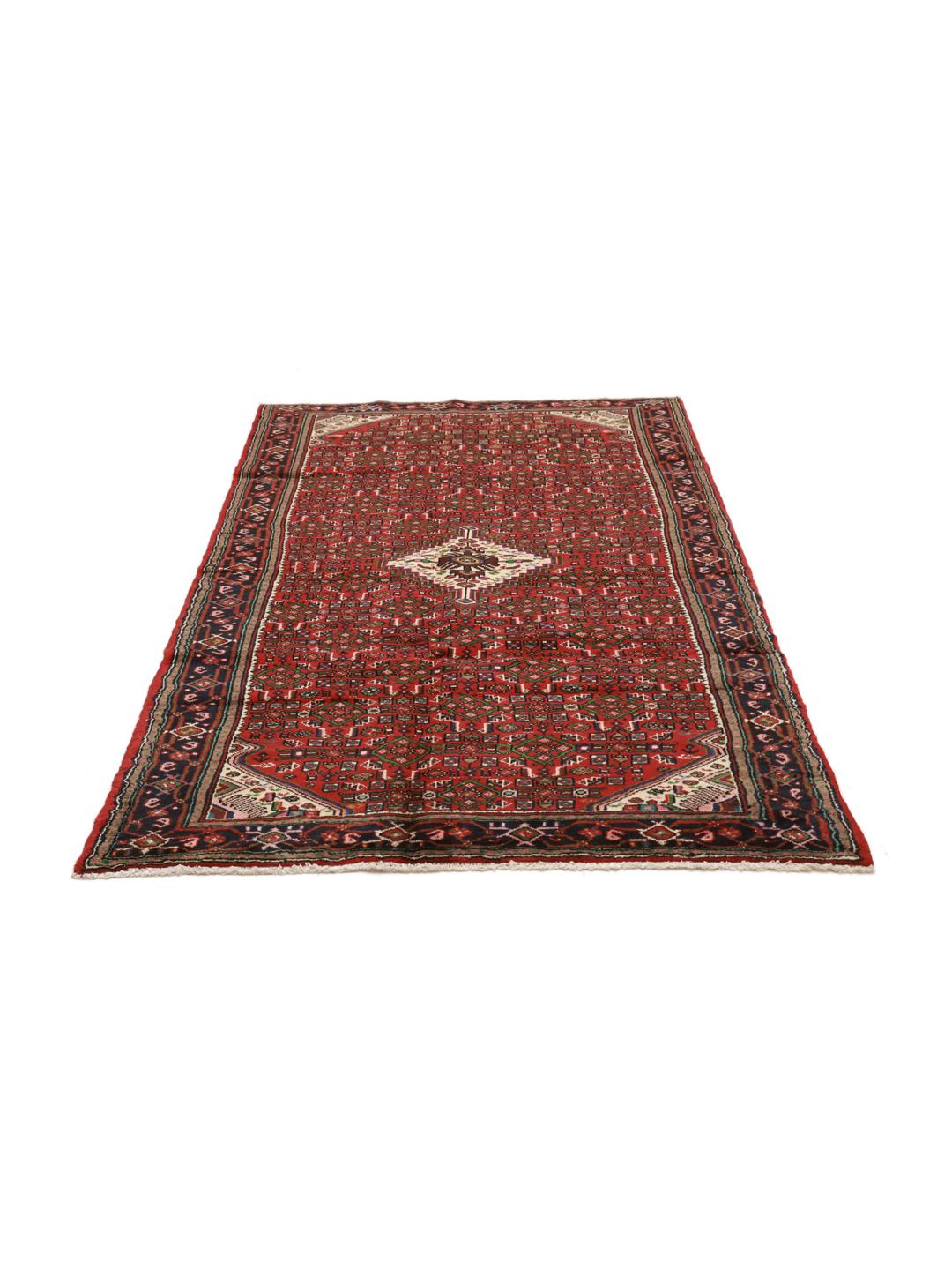 Hand-knotted Hosseinabad rug from the Middle East in dark-red and beige.