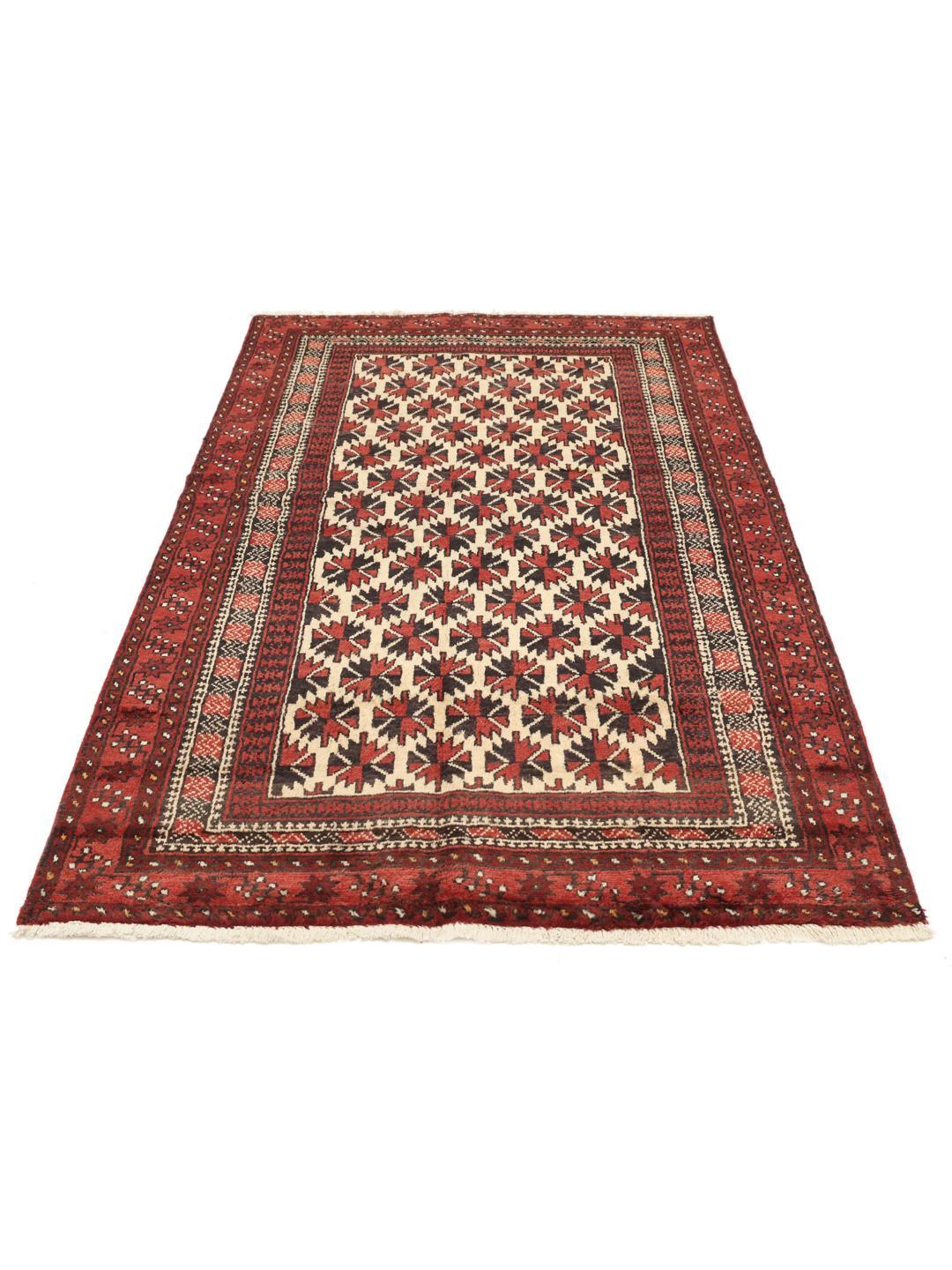 Authentic hand-knotted Baluch rug in red, featuring traditional geometric patterns