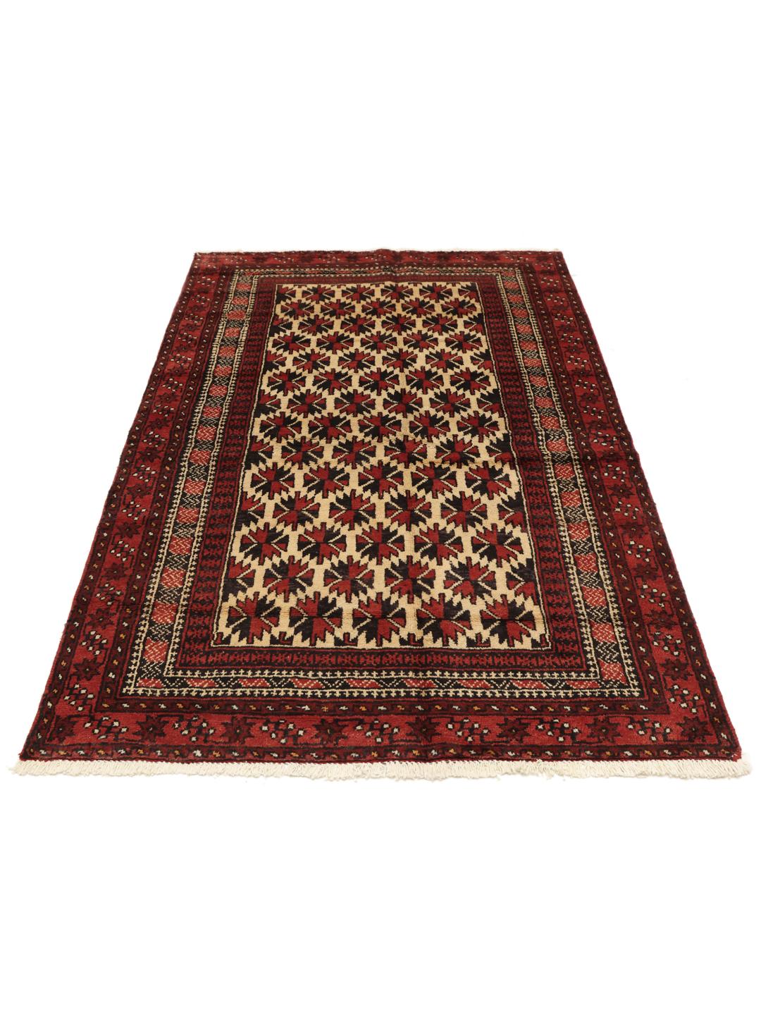 Authentic hand-knotted Baluch rug in red, featuring traditional geometric patterns