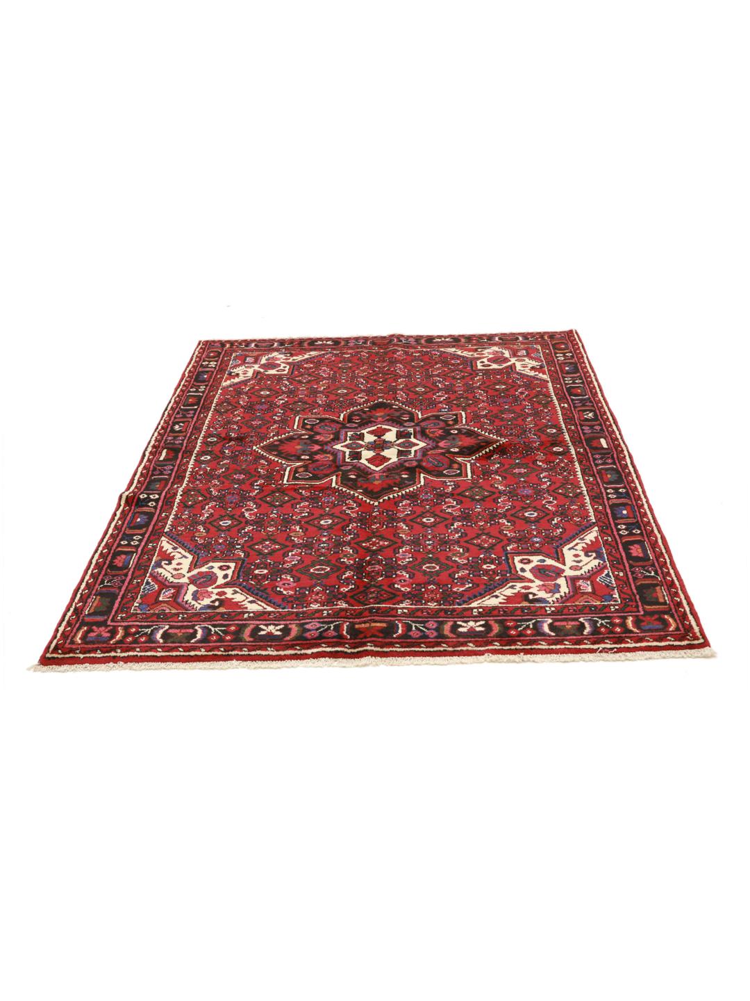 Hand-knotted Hosseinabad Wool rug from the Middle East in red and black colours
