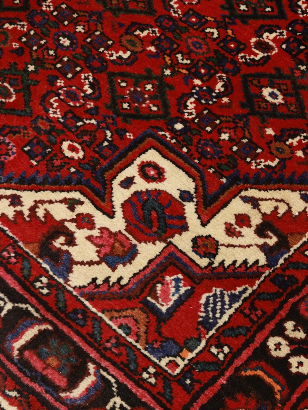 Hand-knotted Hosseinabad Wool rug from the Middle East in red and black colours
