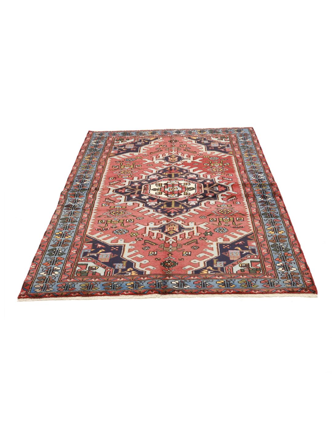 Hand-knotted Hamadan rug with a red and blue medallion design from the Middle East