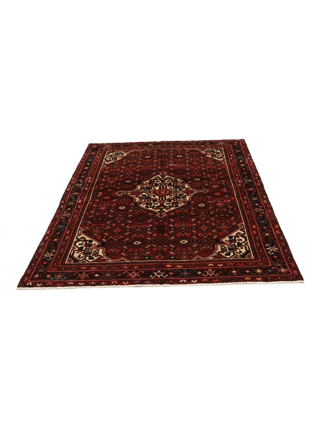 Hand-knotted Hosseinabad rug from the Middle East in dark-red with geometric motifs