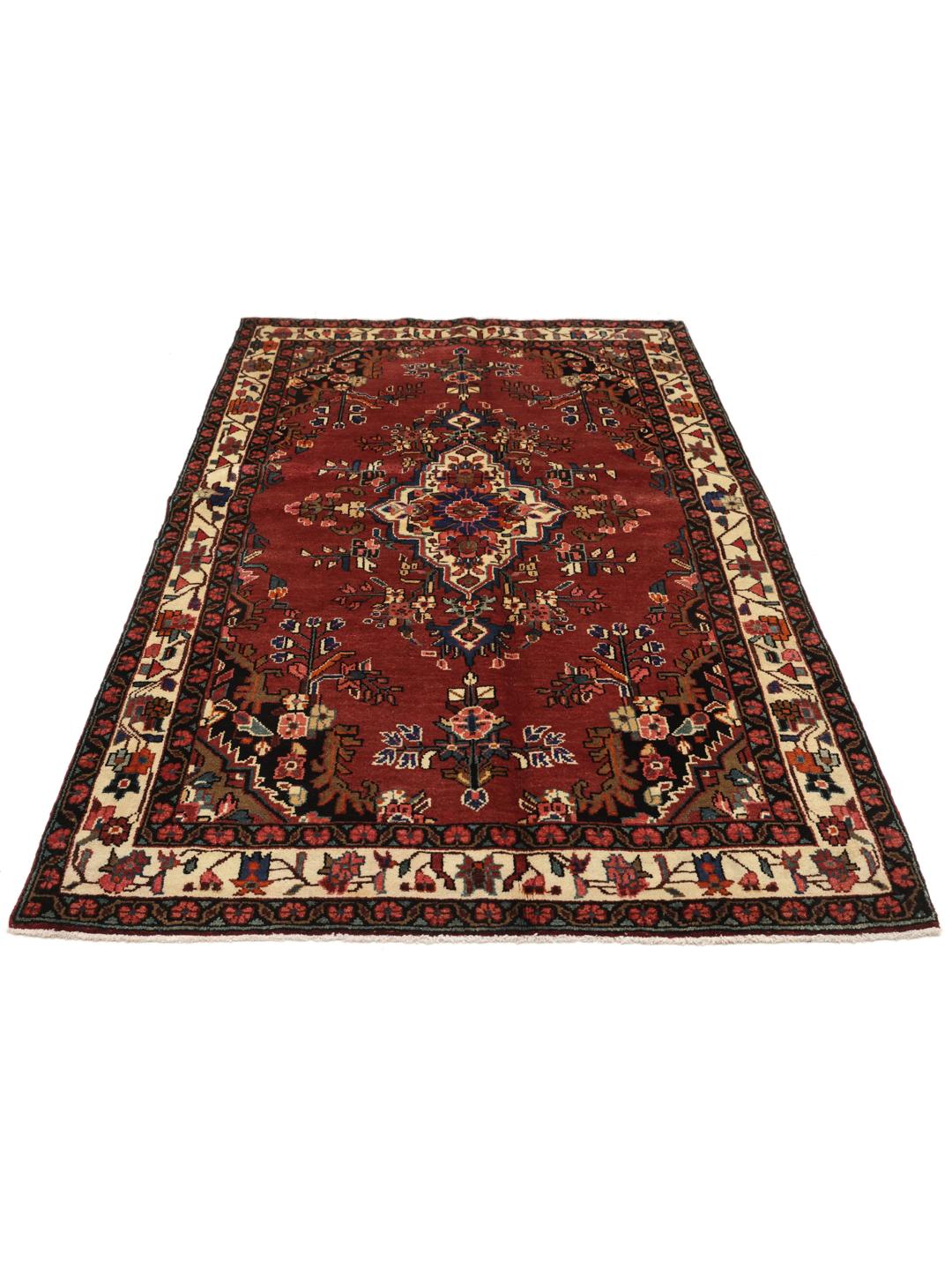Hand-knotted Hamadan rug from the Middle East in red with a central medallion