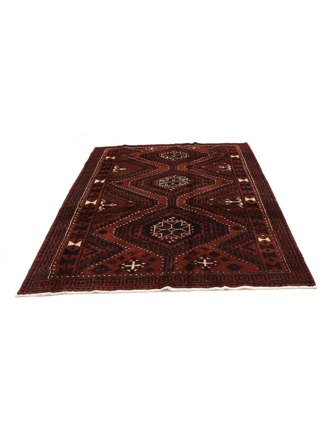 Hand-knotted Lori rug from the Middle East featuring a dark-red geometric pattern