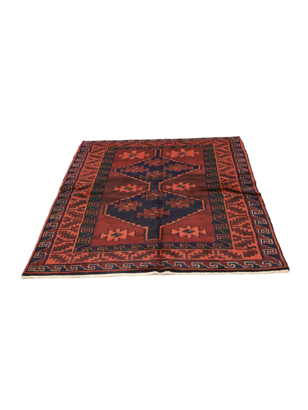 Hand-knotted Lori rug from the Middle East in dark-red and dark-blue tones.