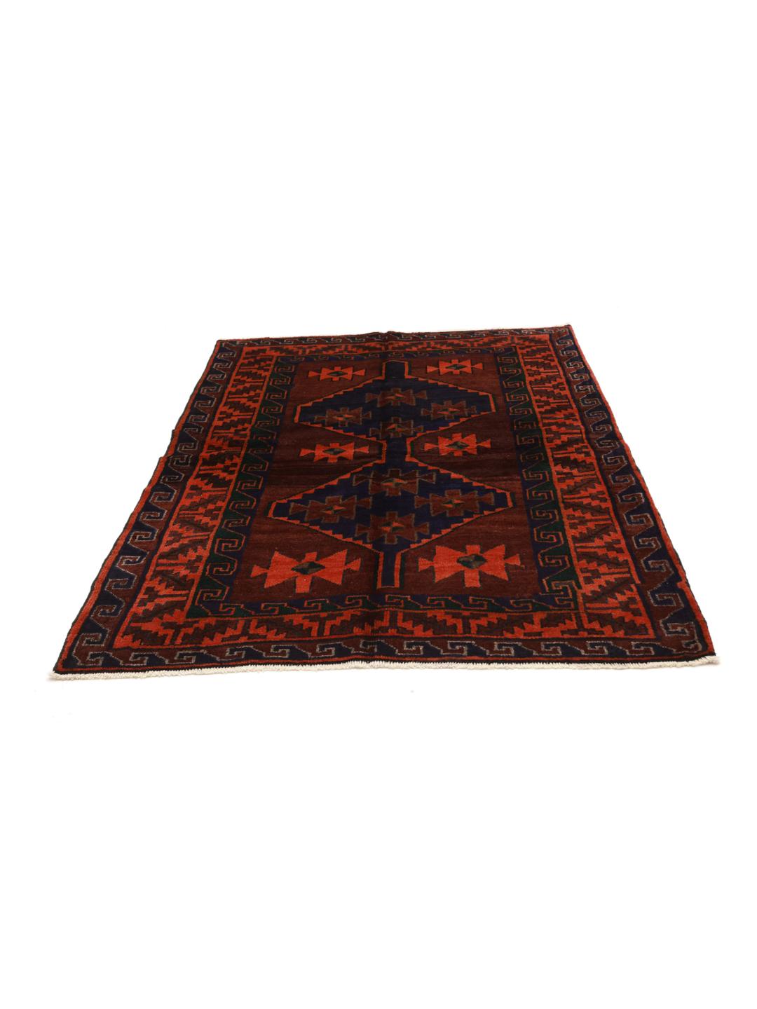 Hand-knotted Lori rug from the Middle East in dark-red and dark-blue tones.