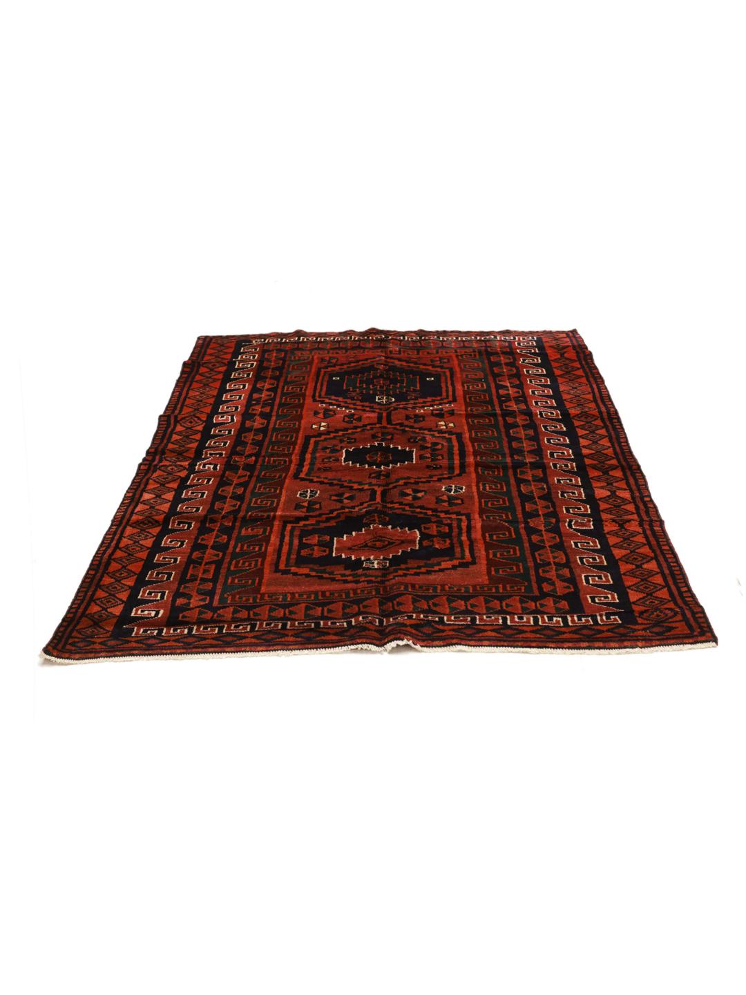 A hand-knotted Lori rug from the Middle East featuring geometric patterns in dark red and black.