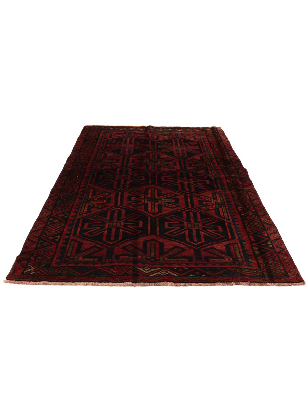 A hand-knotted Lori rug from the Middle East in dark-red and black tones with geometric patterns.