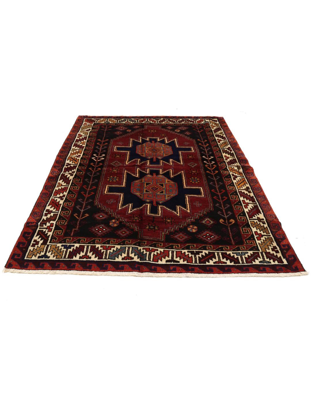 Hand-knotted Lori rug from the Middle East featuring a dark-red and dark-blue geometric pattern