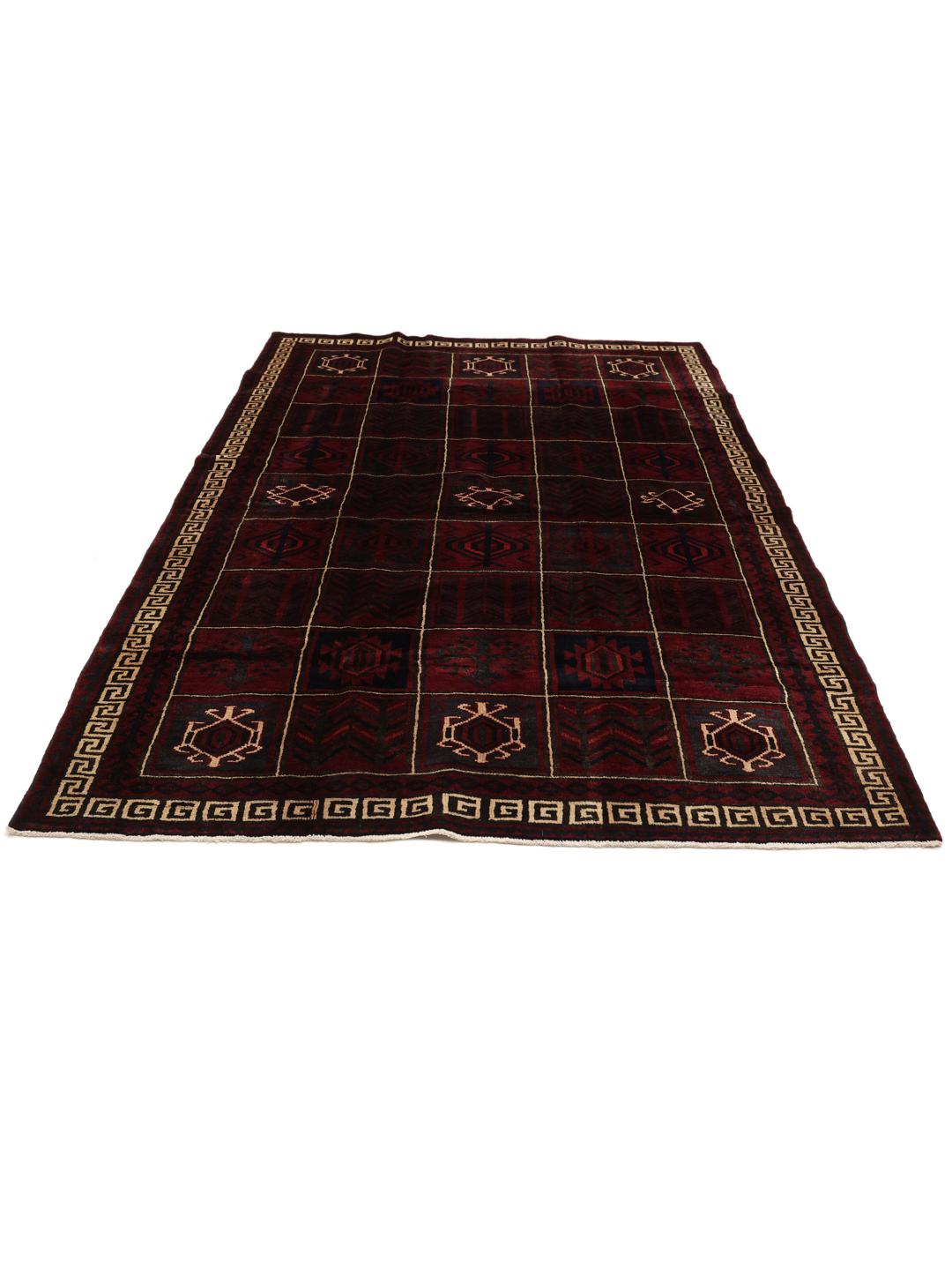 Hand-knotted Lori rug from the Middle East in dark-red and black with geometric patterns