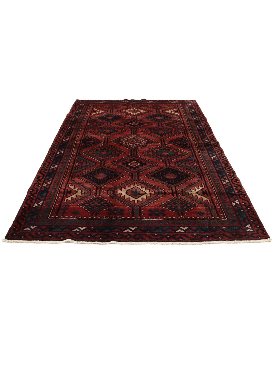 Hand-knotted Lori rug from the Middle East in deep red and blue tones