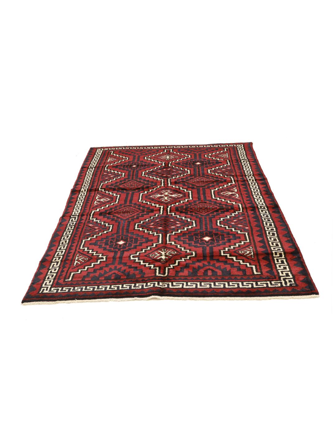 A hand-knotted Lori rug from the Middle East with a deep red and geometric pattern.
