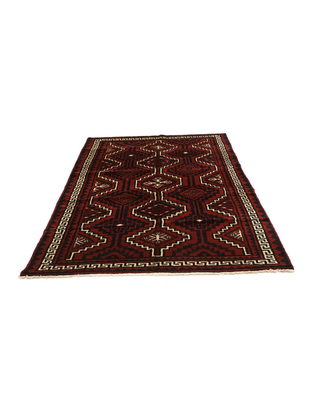A hand-knotted Lori rug from the Middle East with a deep red and geometric pattern.