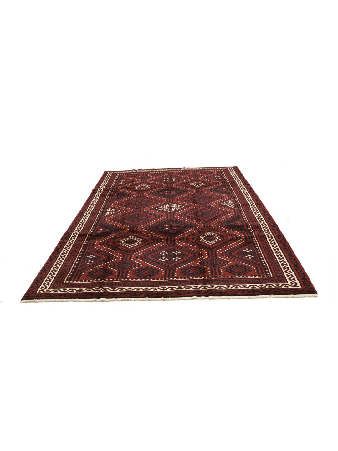 A hand-knotted Lori rug from the Middle East in dark-red with geometric patterns.