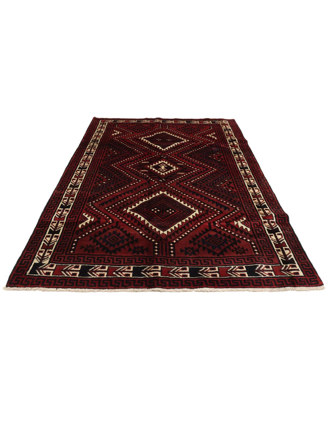 Hand-knotted Lori rug from the Middle East with a deep red and geometric tribal pattern