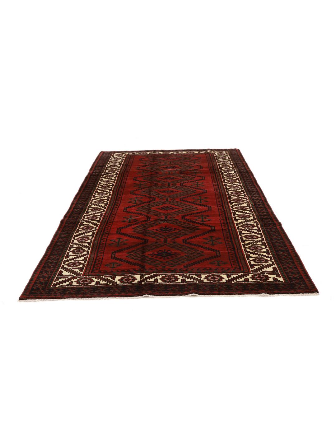 A hand knotted Lori rug from the Middle East with a deep red field and geometric patterns.