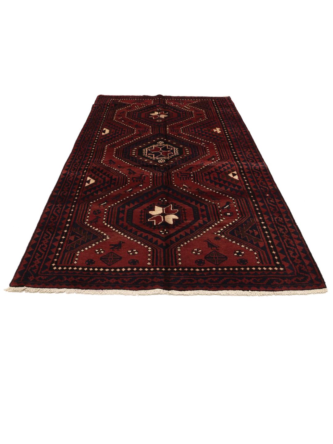 Hand-knotted Lori rug from the Middle East in dark-red and dark-blue tones.