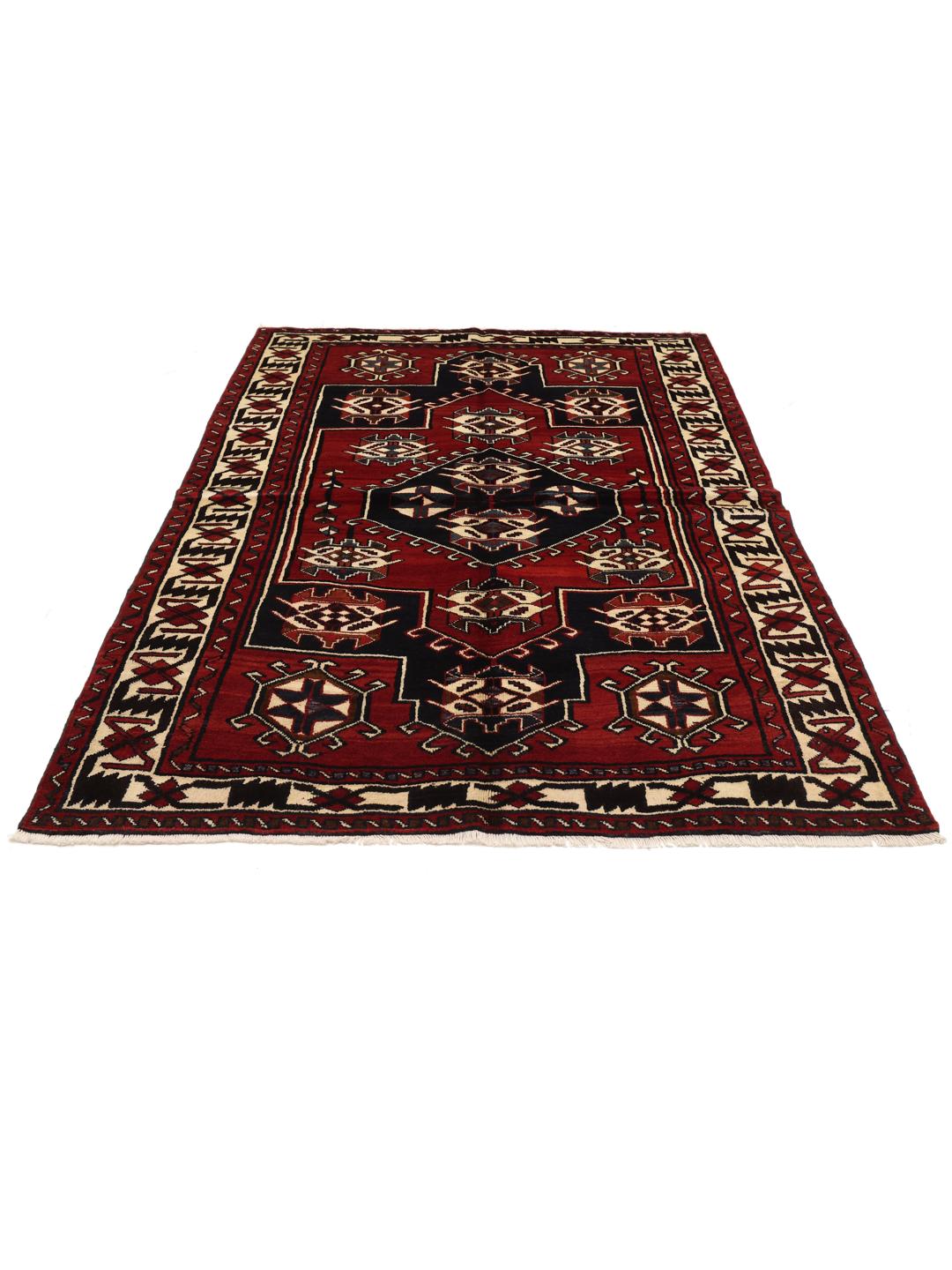 Hand-knotted Lori rug from the Middle East in dark red and black tones